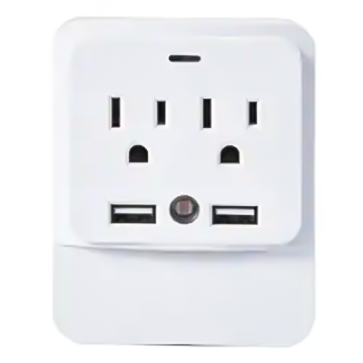 LA055G Plug-In Night Light With 2-Outlet Extender And 2 USB Ports 1000 Joules Dusk-to-Dawn Sensor Night Light 3-Outlet Surge Protector