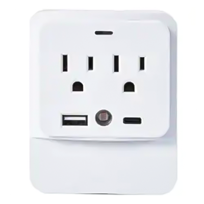 LA055GA Plug-In Night Light With 2-Outlet Extender And 2 USB Ports 1000 Joules Dusk-To-Dawn Sensor Night Light 3-Outlet Surge Protector