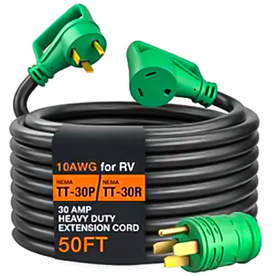 RV30H/RV30H-R Premium Heavy-Duty RV Extension Cord | 30 Amp, 50 Feet | TT-30P/R Standard Plug | Storage Bag & Cord Organizer | ETL Listed